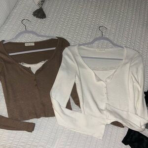 Brown and White Long Sleeve Tops